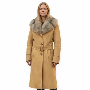 Vintage Boho Luxe Shearling Suede Long Coat Fur Collar Belted Tan Medium